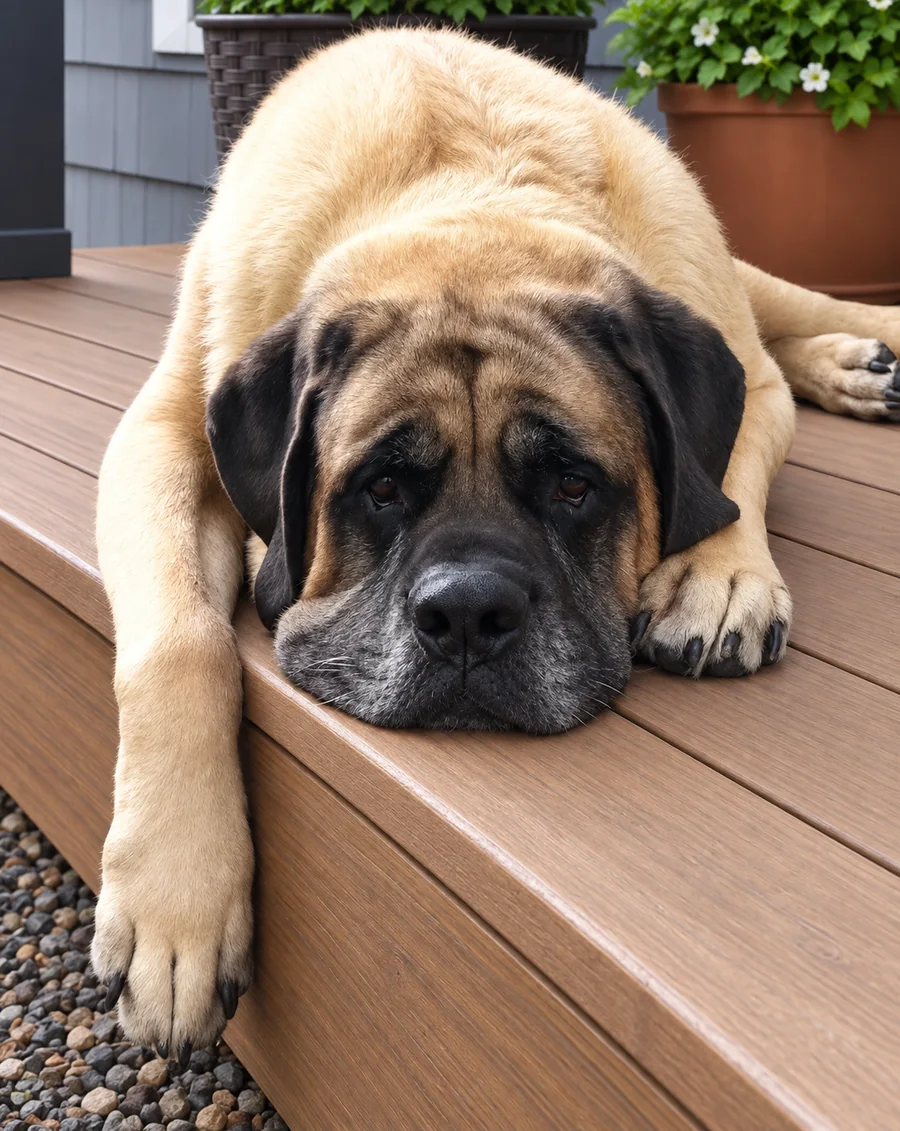 Bella, a large fawn mastiff with a dark face, lying on a wooden deck with her head resting on the step